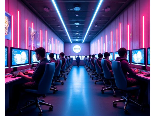 Vue intérieure de WarpStream Arcade, montrant des rangées de PC gaming avec des lumières LED néon et quelques gamers concentrés.