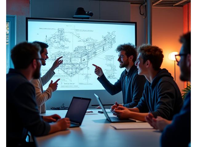 Photo de l'équipe fondatrice de WarpStream Arcade lors des débuts, en pleine discussion passionnée sur un plan d'aménagement.
