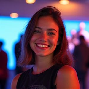 Portrait d'Amélie Rousseau, Responsable Communauté de WarpStream Arcade, devant une foule joyeuse lors d'un événement gaming.