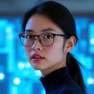 Portrait de Sarah Chen, CTO de WarpStream Arcade, devant des serveurs informatiques avec des lumières bleues.