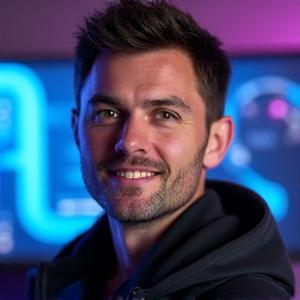 Portrait de Thomas Martin, CEO de WarpStream Arcade, souriant avec un arrière-plan flou de setup gaming.