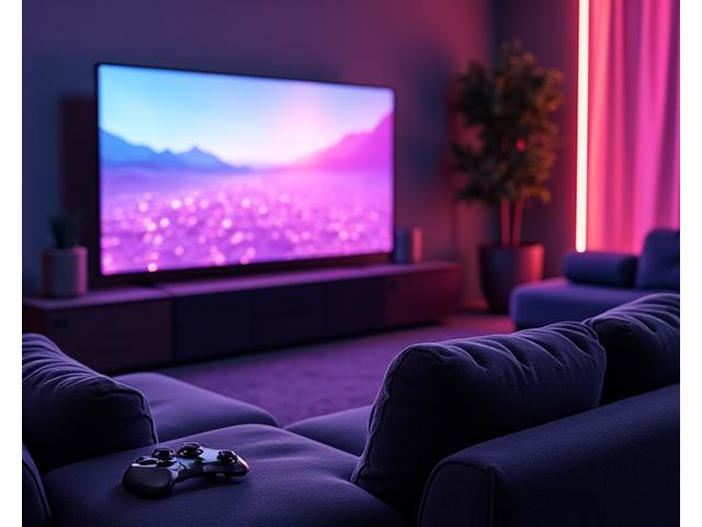 Un canapé gamer ergonomique violet avec des lumières néon douces dans un espace lounge sombre et moderne.