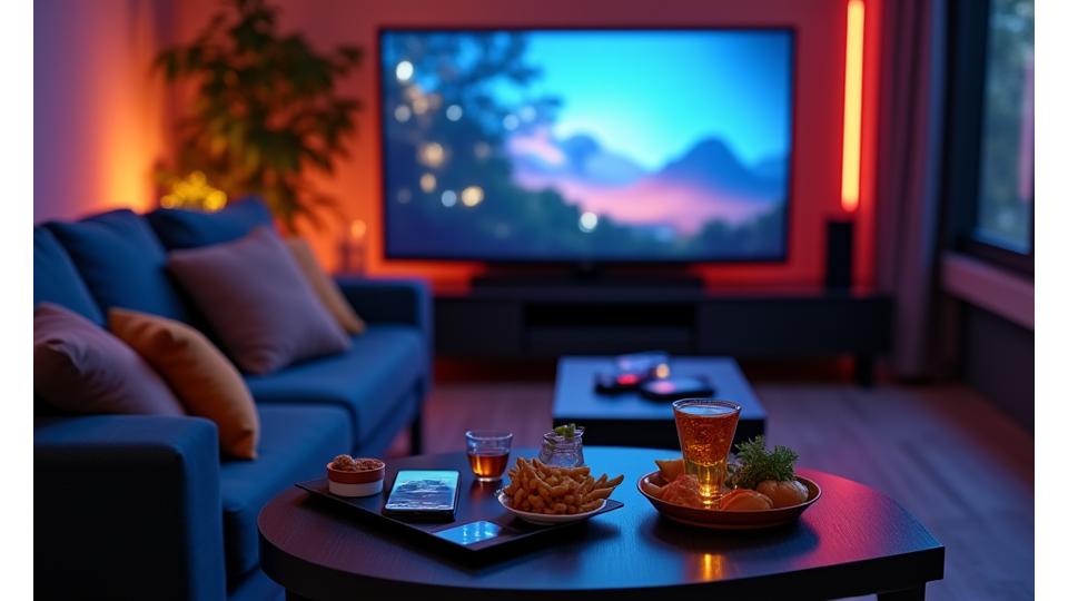 Un salon de console lounge avec des canapés moelleux, des boissons et des snacks sur une table basse, dans une ambiance lumineuse.
