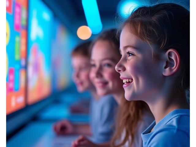 Enfants souriants jouant à des jeux éducatifs sur des écrans, affichant des graphiques colorés et stimulants.