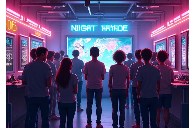 Photo d'un développeur de jeu indépendant présentant son travail à des joueurs dans un environnement de salle d'arcade moderne
