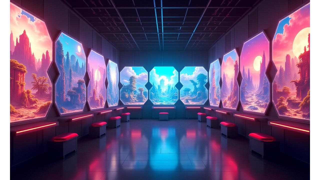 Image d'une illustration de paysages de jeux vidéo indépendants vibrants et variés, affichés sur des écrans futuristes