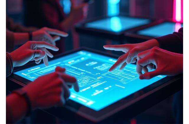 Gros plan sur les mains de joueurs testant un jeu vidéo, avec des notes de feedback sur une tablette lumineuse