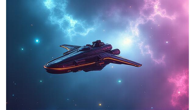 Capture d'écran de jeu d'un projet de science-fiction stylisé, avec un vaisseau spatial dans un paysage cosmique coloré