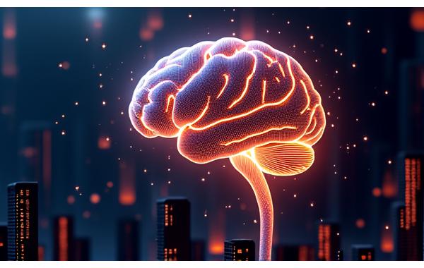 Un cerveau stylisé composé de circuits imprimés numériques, rayonnant d'une lumière bleue et orange, symbolisant l'innovation et la protection de la propriété intellectuelle dans le domaine du jeu.