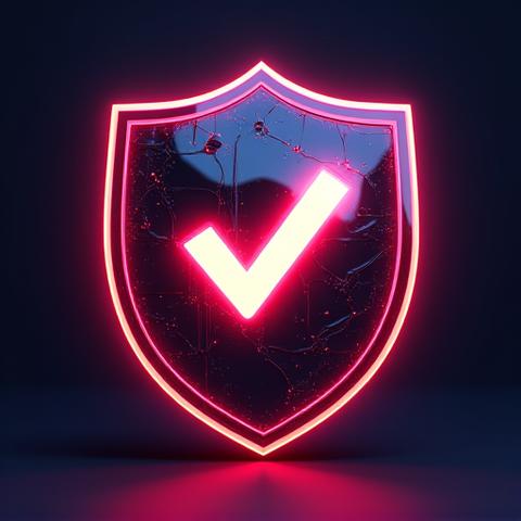 Une icône stylisée d'un bouclier avec une coche verte lumineuse, entourée d'éléments futuristes néon, représentant la sécurité et la conformité légale dans un environnement high-tech.