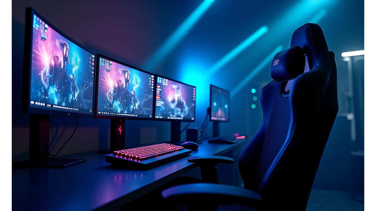 Setup PC gaming futuriste avec écrans 240Hz et éclairage RGB dynamique