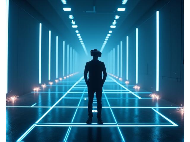 Vue immersive d'un espace VR de 25m² avec un joueur en pleine action