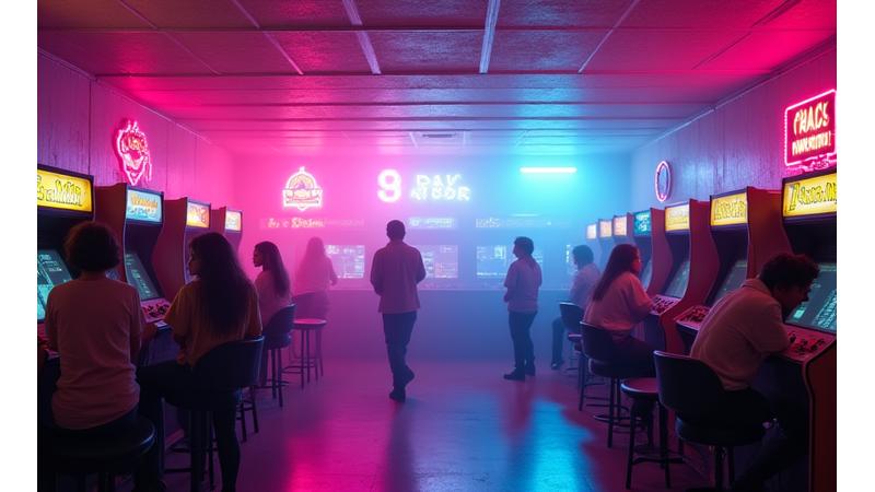 Salle d'arcade des années 80 avec néons, jeux et une ambiance festive avec des joueurs