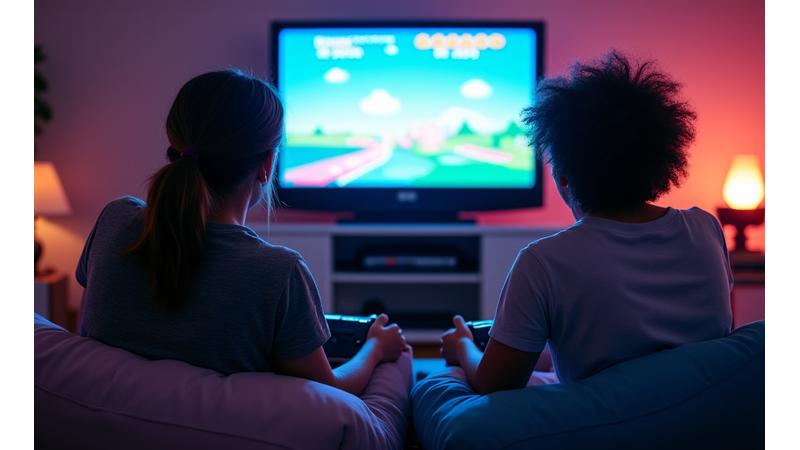 Deux joueurs s'affrontant sur une console des années 90, ambiance compétitive