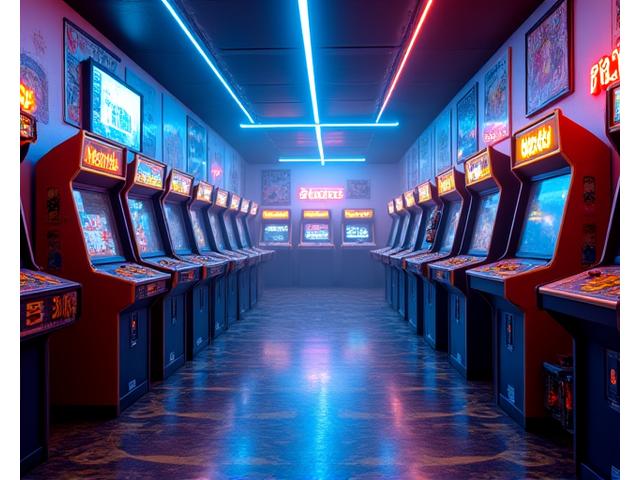 Intérieur d'une salle d'arcade stylée années 80 avec néons et affiches rétro