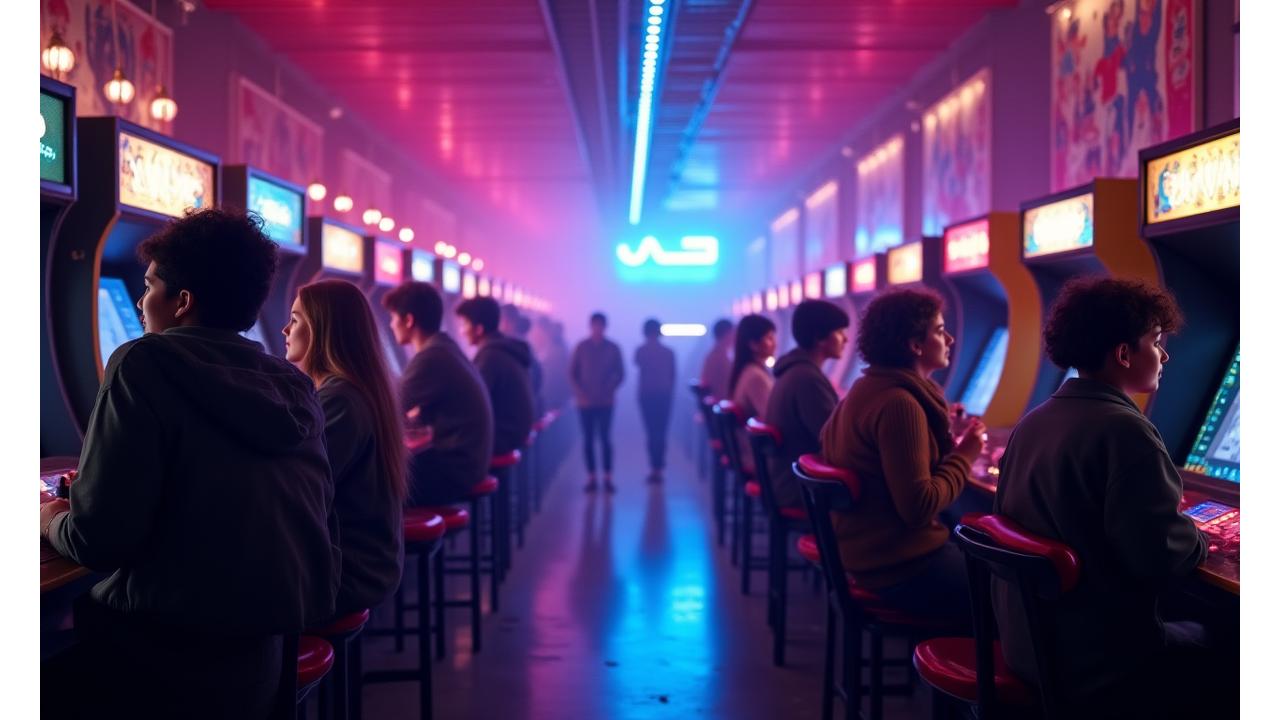 Photo immersive d'une salle d'arcade rétro avec des néons brillants et des joueurs enthousiastes