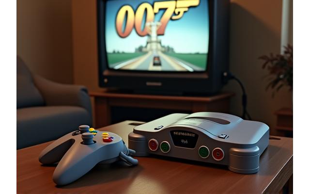 Console Nintendo 64 avec ses manettes triangulaires sur une TV CRT