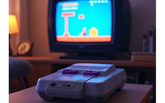 Console Super Nintendo connectée à une télévision CRT avec manette
