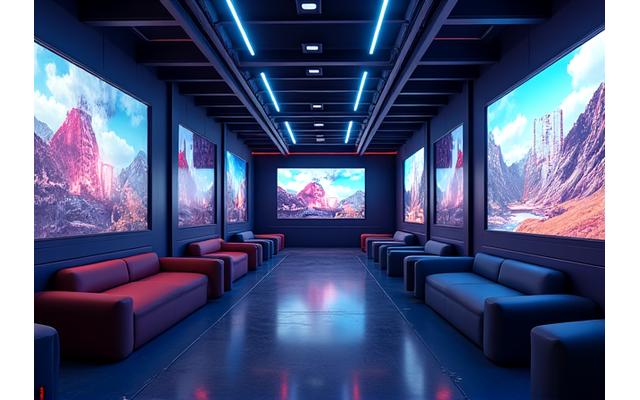 Un espace lounge de console gaming avec des canapés confortables, des écrans géants affichant des jeux sur PS5 et Xbox Series X, un éclairage d'ambiance tamisé et des néons violets et roses.