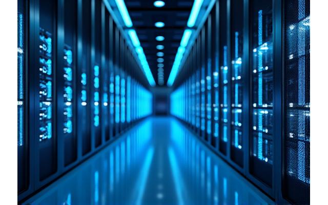 Un rack de serveurs brillant avec des lumières LED bleues et vertes, des câbles organisés et une ambiance high-tech, symbolisant la connexion internet ultra-rapide et les systèmes de refroidissement avancés.