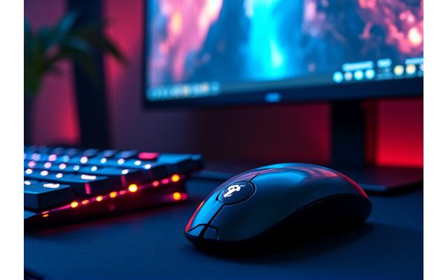 Un poste PC gaming avec un écran ultra-large affichant un jeu graphique intense, un clavier mécanique coloré et une souris de gamer sur un grand tapis de souris, dans une ambiance lumineuse futuriste.