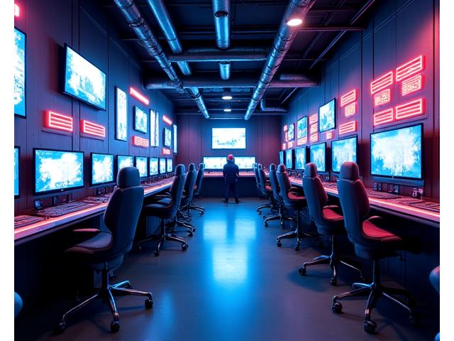 Vue d'ensemble de l'espace WarpStream Arcade avec plusieurs stations de jeu PC, zones VR, et lounges consoles illuminés de néons bleus et rouges.