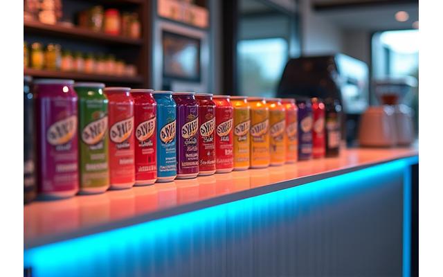 Un comptoir de snack bar moderne avec des boissons énergétiques colorées, des snacks emballés et des options de repas légers et sains, avec un éclairage d'accentuation de néon rose et bleu.