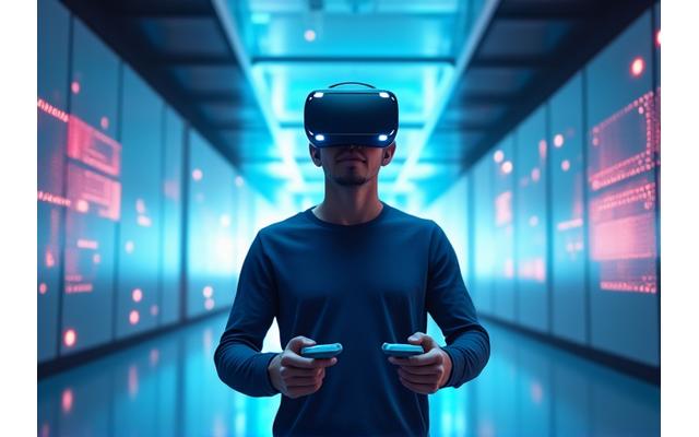 Une personne portant un casque de réalité virtuelle, les mains tenant des contrôleurs de mouvement dans un espace ouvert, interagissant avec un monde virtuel intense projeté, avec des effets de lumière bleue et violette.