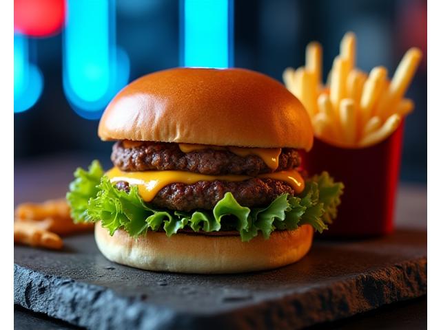 Burger gourmet et frites croustillantes sur une table lumineuse.