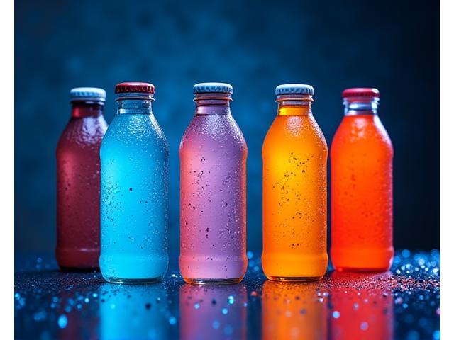 Boissons énergisantes aux couleurs vibrantes alignées sur un comptoir futuriste.