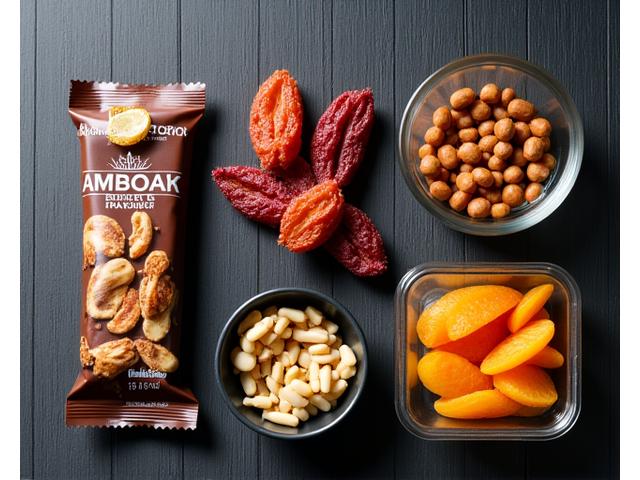 Un assortiment de snacks sains comme des fruits secs, barres protéinées et noix dans des bols.