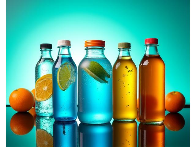 Bouteilles d'eau aromatisée et thés de différentes couleurs sur fond sombre.