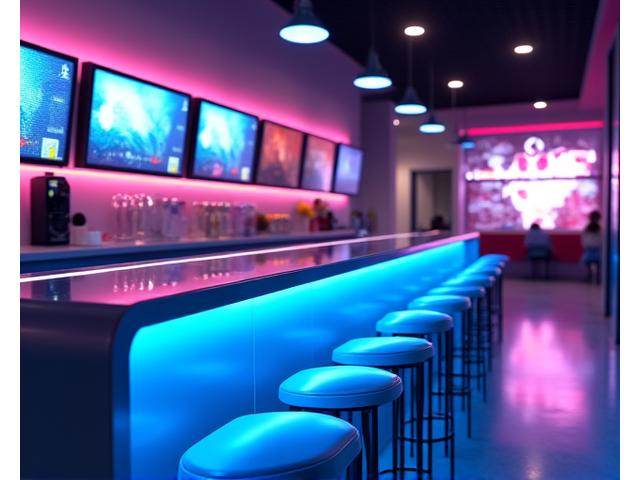 Bar moderne et lumineux de WarpStream Arcade avec écrans d'ambiance et tabourets hauts.