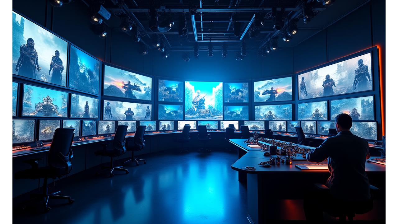 Studio de diffusion eSport professionnel avec écrans, caméras et lumières néon