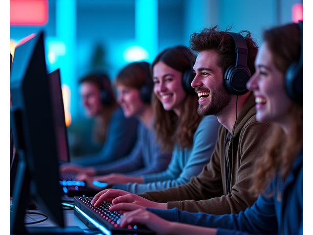 Groupe de jeunes gamers souriants en pleine discussion dans un lounge de WarpStream Arcade